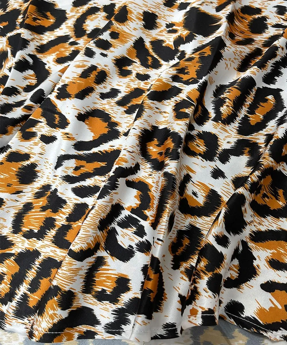 ZWSYXL Ladies Leopard Print Skirt High Waist Elastic Silk Satin Midi Skirt Spring Casual Mid-Length Cheetah A Link Skirts