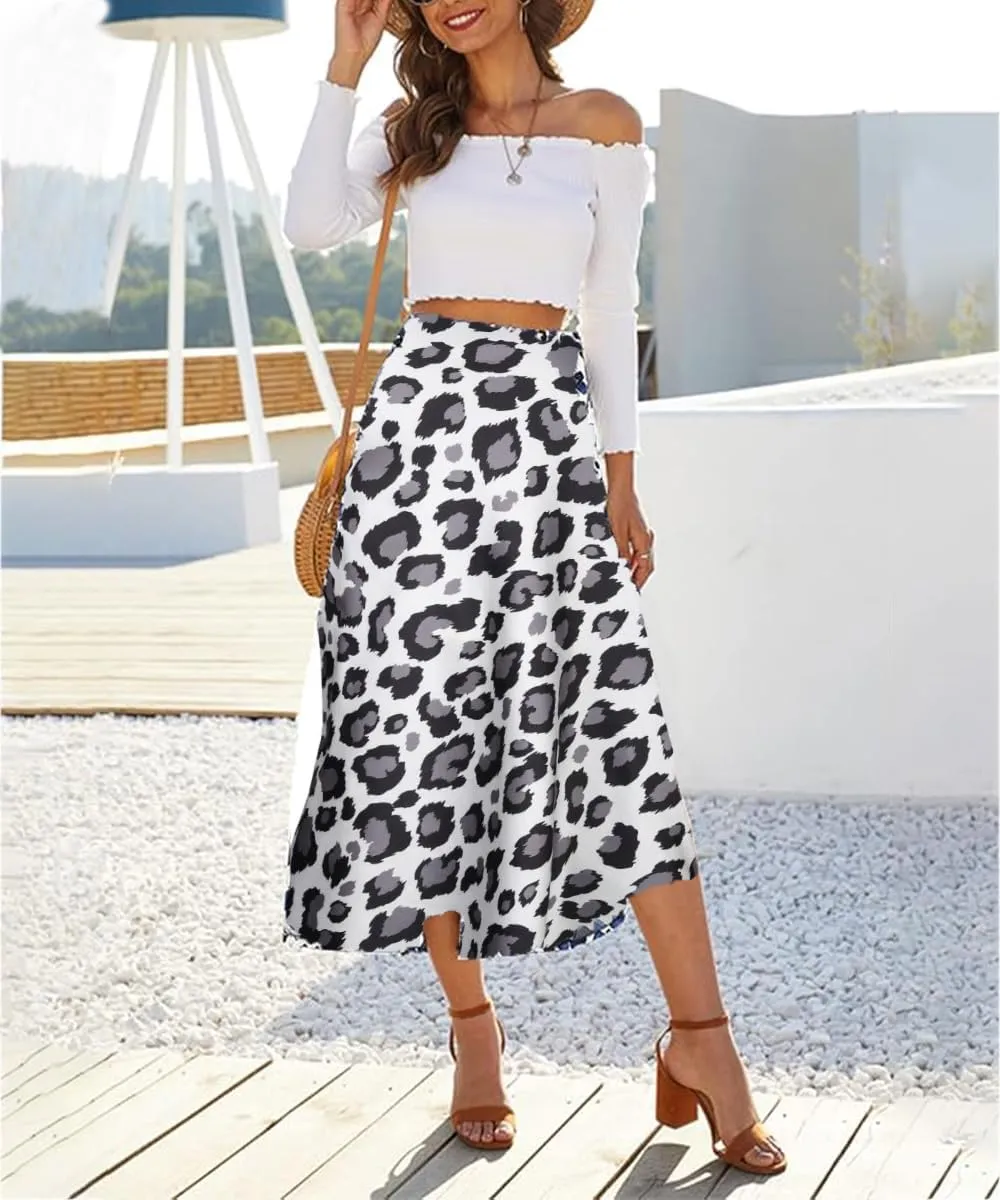 ZWSYXL Ladies Leopard Print Skirt High Waist Elastic Silk Satin Midi Skirt Spring Casual Mid-Length Cheetah A Link Skirts