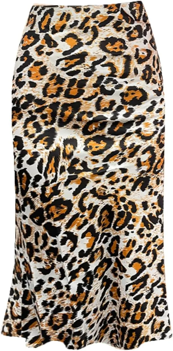 ZWSYXL Ladies Leopard Print Skirt High Waist Elastic Silk Satin Midi Skirt Spring Casual Mid-Length Cheetah A Link Skirts