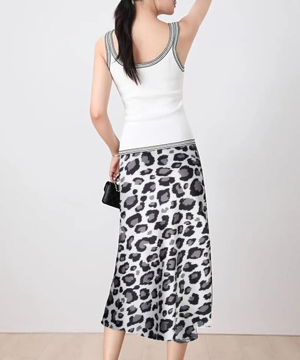 ZWSYXL Ladies Leopard Print Skirt High Waist Elastic Silk Satin Midi Skirt Spring Casual Mid-Length Cheetah A Link Skirts